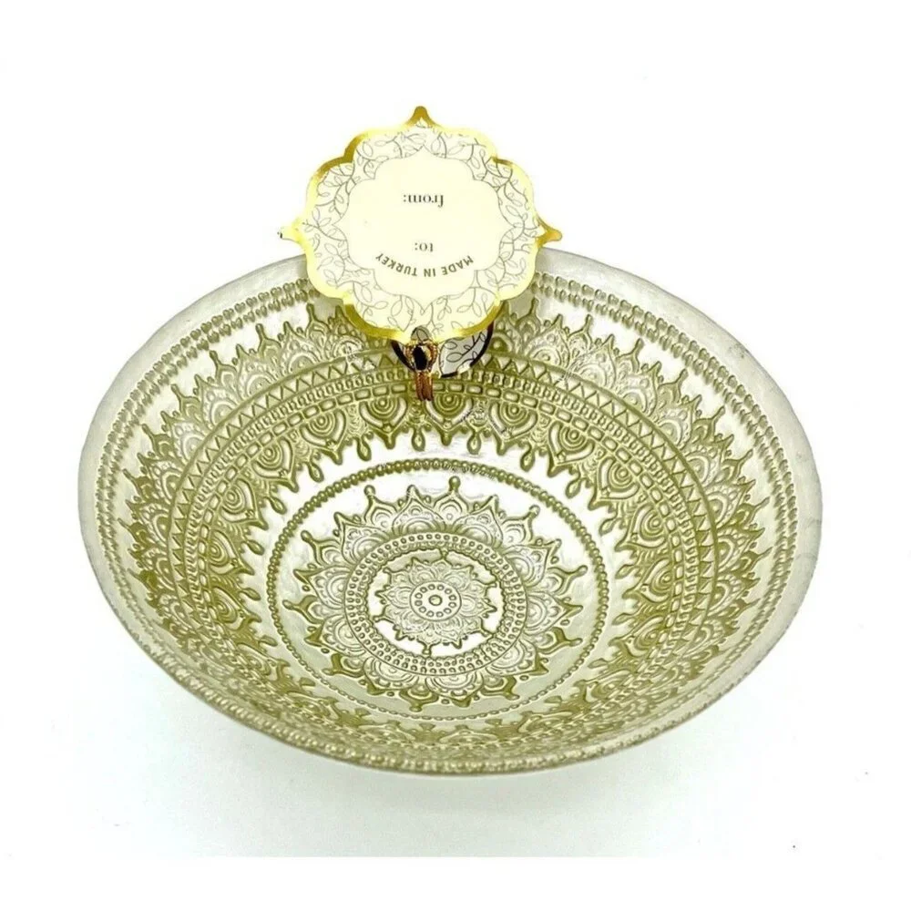 Turkish Glass Bowls Hand Painted Gold Lace Set of 4 White Glass Bowls 6.5